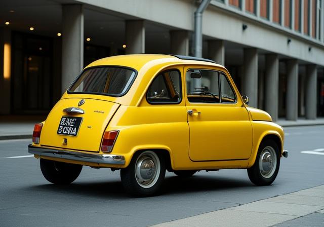 En gul Renault 5 E-Tech parkerad i en modern stadsmiljö.